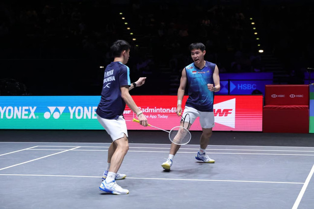 Ganda putra Indonesia Raymond dan Joaquin di semifinal All England 2026. Foto: PBSI