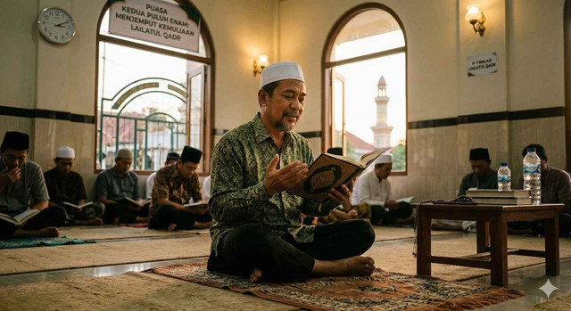 Ilustrasi Seorang jamaah membaca Al-Qur’an dengan khusyuk di dalam masjid pada malam Ramadan, menggambarkan suasana ibadah yang tenang dalam upaya meraih keberkahan Lailatul Qadr. Foto: Gemini AI