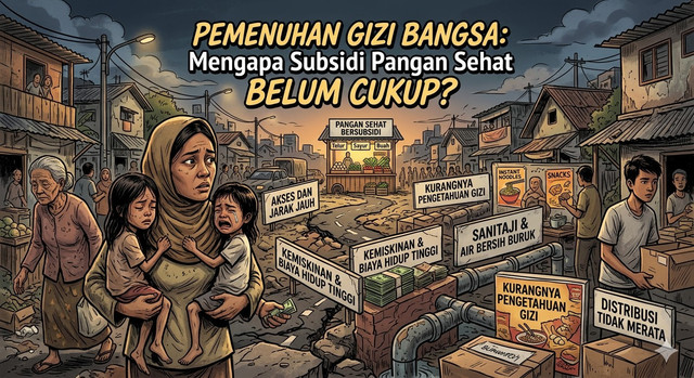 Gambar ini mengajak pembaca untuk melihat masalah gizi secara holistik (menyeluruh), mencakup perbaikan ekonomi, edukasi, infrastruktur, dan kesehatan lingkungan.Gambar ini dihasilkan oleh Gemini AI