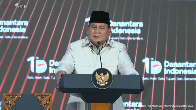 Presiden Prabowo Subianto memberikan sambutan saat Tasyakuran HUT ke-1 Danantara Indonesia, Rabu (11/3/2026). Foto: Youtube/Sekretariat Presiden