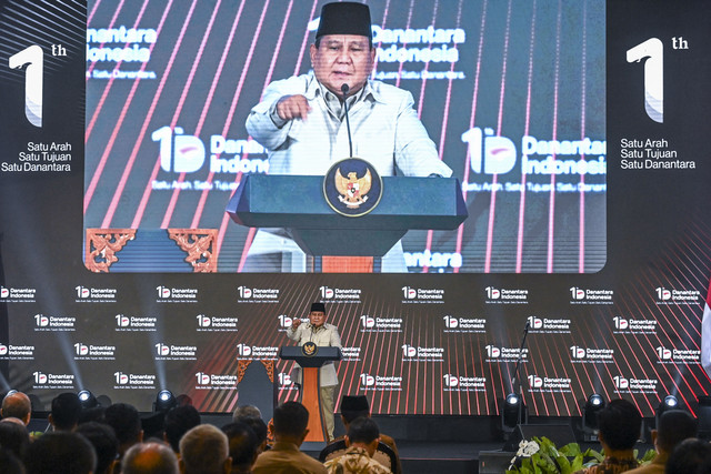 Presiden Prabowo Subianto memberi sambutan saat menghadiri tasyakuran HUT Ke-1 Badan Pengelola Investasi (BPI) Danantara di Wisma Danantara, Jakarta, Rabu (11/3/2026). Foto: ANTARA FOTO/Galih Pradipta