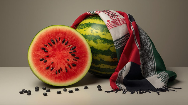 Ilustrasi Semangka dan Keffiyeh (sumber: https://www.canva.com/design/DAHDulwZZOM/cNhe0Cz9ZwNi1EdVz-NYgg/edit)