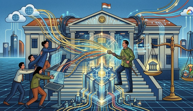 Ilustrasi strategis yang menggambarkan konsep Kedaulatan Digital Indonesia melalui integrasi infrastruktur fisik dan teknologi modern. Pusat data negara (gedung pemerintahan) terhubung secara aman melalui jaringan serat optik ke berbagai pusat data global (cloud). Foto: Idisign