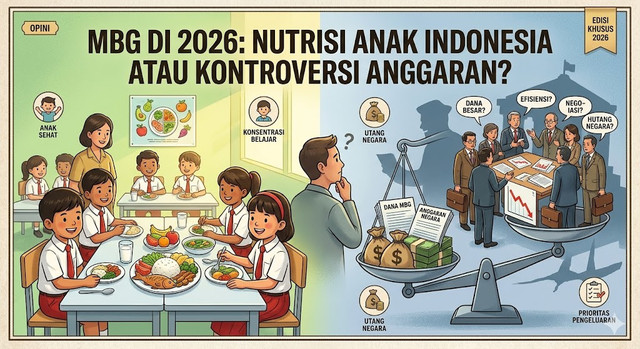 Ilustrasi "MBG di 2026: Nutrisi Anak Indonesia atau Kontroversi Anggaran?" analisis program MBG Rp 450 triliun. Potensi turunkan stunting & dorong ekonomi lokal, tapi kontroversi defisit APBN, korupsi, & targeting longgar. Solusi: targeting presisi, transparansi, & kolaborasi swasta untuk manfaat optimal. ( Sumber Gemini AI )