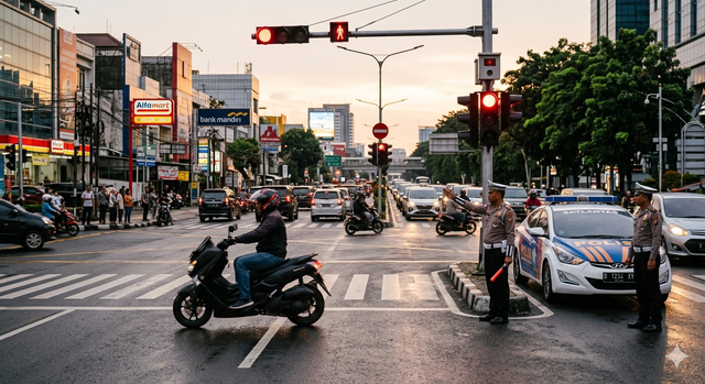 ilustrasi didapatkan dari Gemini AI. Banyak pengendara masih mengabaikan lampu merah, menunjukkan perlunya penegakan hukum yang lebih konsisten dan edukasi masyarakat agar disiplin berlalu lintas meningkat.