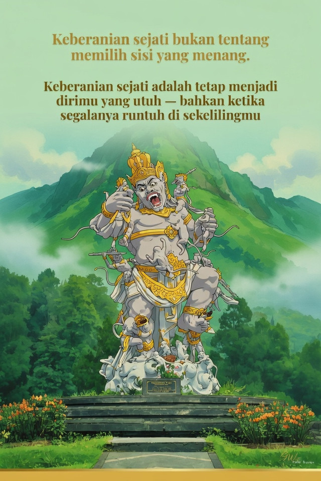 Ilistrasi animasi dari patung Kumbakarna Wanara di Bali Botanical Park. Foto: Grok AI