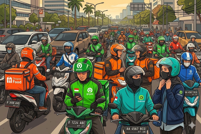 Ilustrasi Ojek Online di Jalanan (Sumber: Gemini)