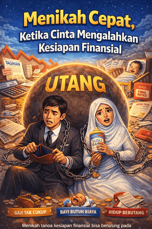 Ilustrasi ini menggambarkan pasangan muda yang menikah karena cinta, tetapi harus menghadapi berbagai tekanan ekonomi akibat belum siap secara finansial. Gambar ini dihasilkan dari Gemini AI.
