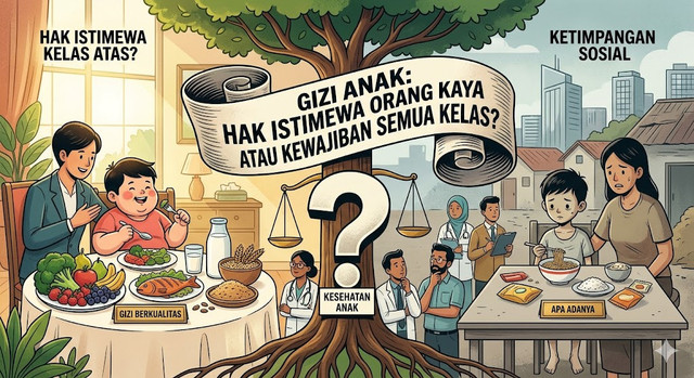 Ilustrasi mengenai ketimpangan gizi anak di Indonesia, di mana nutrisi optimal kerap jadi hak istimewa kelas atas. Padahal, gizi anak merupakan kewajiban negara bagi seluruh lapisan masyarakat. Lewat data stunting dan kebijakan pemerintah, tulisan ini mendesak reformasi akses pangan bergizi merata, agar masa depan bangsa tak terbelenggu kemiskinan. ( Sumber: Gemini AI )