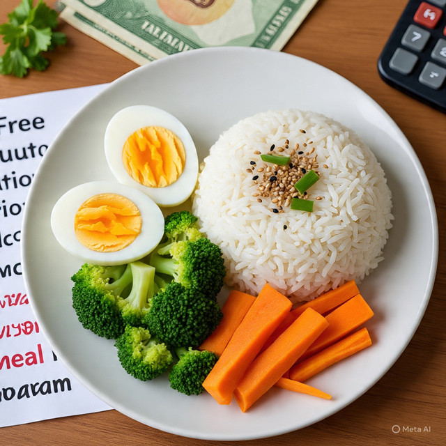 Ilustrasi ini menampilkan sepiring makanan bergizi yang terdiri dari nasi, telur, sayur, dan lauk sebagai simbol program makan bergizi gratis bagi siswa. Di sekitarnya terlihat uang rupiah, kalkulator, serta tulisan “defisit” dan “utang” yang menggambarkan besarnya biaya yang harus ditanggung negara dalam menjalankan program tersebut. Gambar ini merepresentasikan dua sisi kebijakan, yaitu harapan meningkatkan kualitas gizi generasi muda sekaligus tantangan terhadap keuangan negara dalam APBN 2026.Sumber: Ilustrasi digital menggunakan AI (Meta Ai ), 2026.