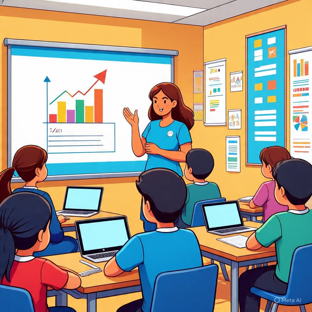 Deskripsi gambar:Ilustrasi kegiatan pembelajaran ekonomi di kelas yang menampilkan guru dan siswa sedang berdiskusi menggunakan media pembelajaran interaktif. Gambar ini menggambarkan pentingnya inovasi dalam proses belajar mengajar ekonomi agar siswa lebih aktif, kritis, dan mampu memahami konsep ekonomi yang berkaitan dengan kehidupan sehari-hari sumber foto ilustrasi tersebut dari Meta Ai 2026