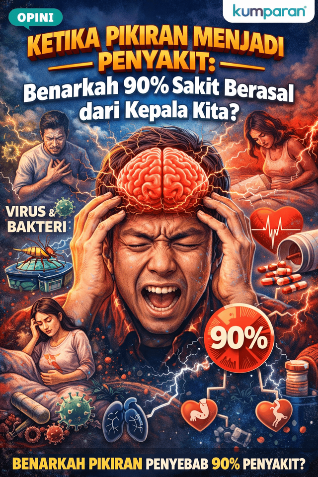 Ilustrasi seorang pria memegang kepalanya dengan ekspresi stres, sementara otaknya digambarkan menyala dan dikelilingi simbol penyakit, virus, serta organ tubuh. Gambar ini melambangkan kuatnya hubungan antara pikiran, stres, dan kesehatan fisik manusia.Gambar ini dihasilkan dari Gemini AI.