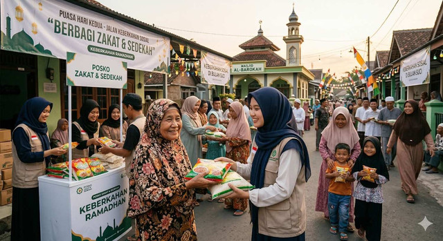 Ilustrasi Relawan membagikan bantuan zakat dan sedekah kepada warga di sekitar masjid, menggambarkan semangat kepedulian sosial dan kebersamaan yang tumbuh selama Ramadan. Foto: Gemini AI
