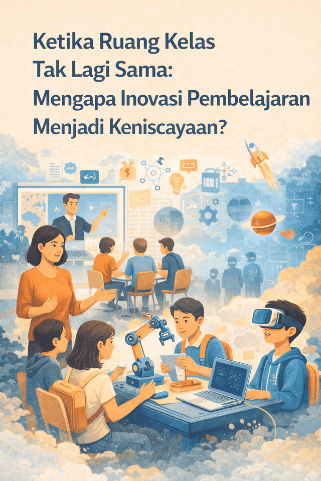 Ilustrasi inovasi pembelajaran di ruang kelas yang interaktif dengan pemanfaatan teknologi dan kolaborasi siswa. https://chatgpt.com/c/67c9dd16-b454-8006-a97c-3e177102a476