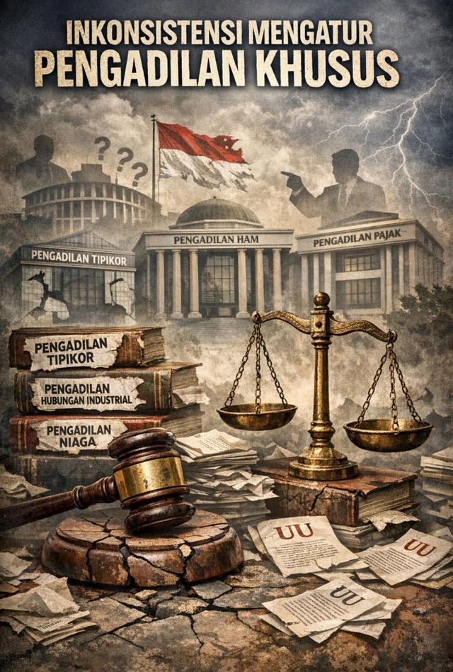 Ilustrasi inkonsistensi mengatur pengadilan khusus. Foto: Generated by AI