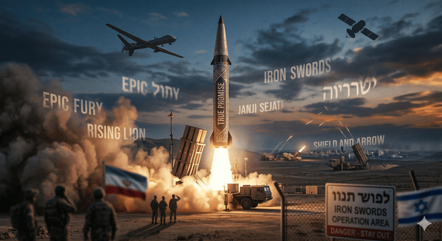Ilustrasi rudal yang diluncurkan di tengah kobaran api dan asap. Sementara judul-judul operasi seperti True Promise, Epic Fury, dan Rising Lion melayang di udara bagaikan bait-bait puisi di langit. Ilustrasi: AI