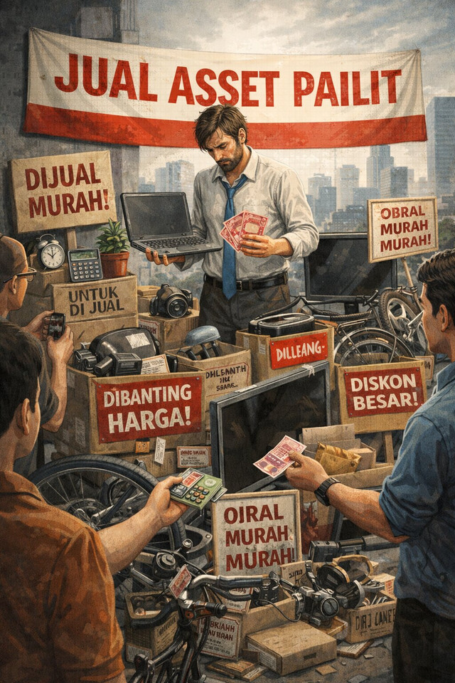 Ilustrasi menjual aset pailit. (Gambar: ChatGPT Image)