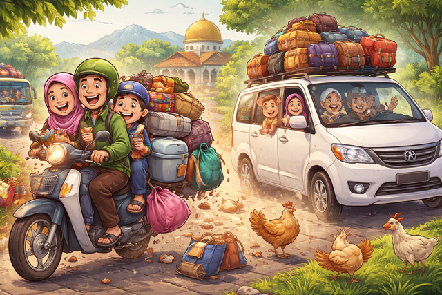 Lebaran adalah soal pulang. Foto: ChatGPT Image.