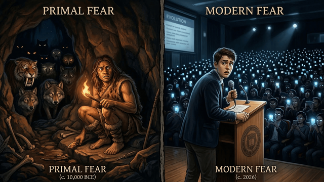 Ilustrasi transformasi rasa takut purba ke rasa takut modern (Sumber: Generated by AI)