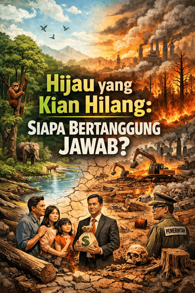 Ilustrasi kontras antara alam hijau yang lestari dan kerusakan akibat industri, menyoroti pertanyaan besar tentang tanggung jawab manusia terhadap lingkungan. Gambar ini dihasilkan dari Gemini AI.