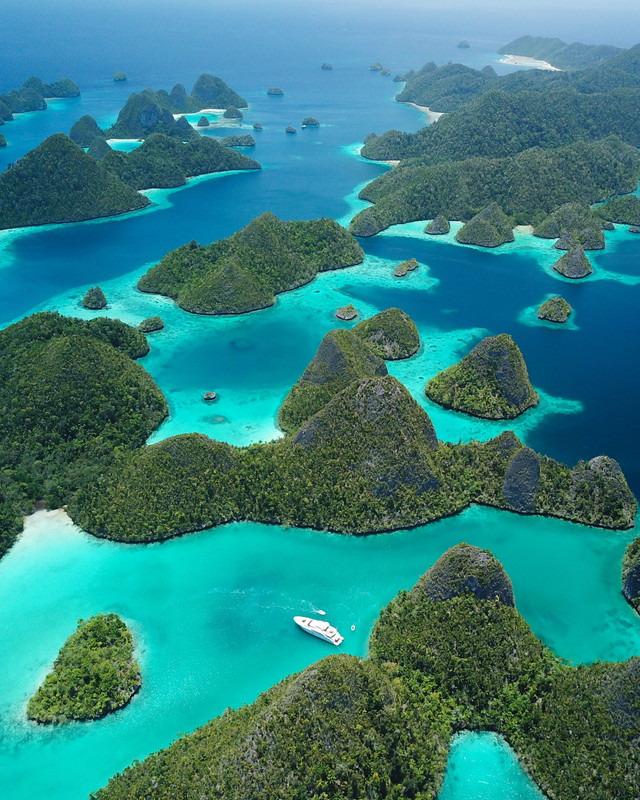 Tampilan udara gugusan pulau karst tropis di Raja Ampat, Papua Barat, Indonesia, dengan kapal selam wisata mewah berlayar di antara pulau-pulau kecil pada musim panas. Foto: blind.impulse/Shutterstock