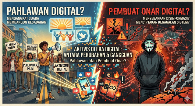Garis pembatas berbentuk petir di tengah menunjukkan perbedaan tajam antara penggunaan teknologi untuk kemajuan sosial melawan penggunaan teknologi untuk destruksi atau kekacauan.Gambar ini dihasilkan oleh Gemini AI