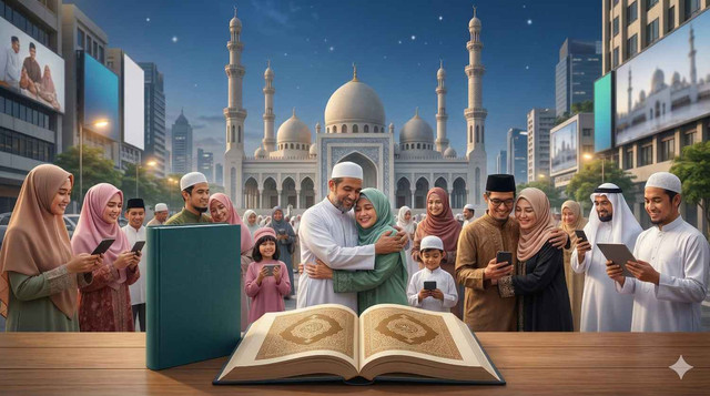 Ilustrasi: Momen kebersamaan umat Muslim di depan masjid yang megah, menggambarkan kehangatan silaturahmi, kebahagiaan keluarga, serta harmoni antara tradisi keagamaan dan kehidupan modern di era digital. Foto: Gemini AI