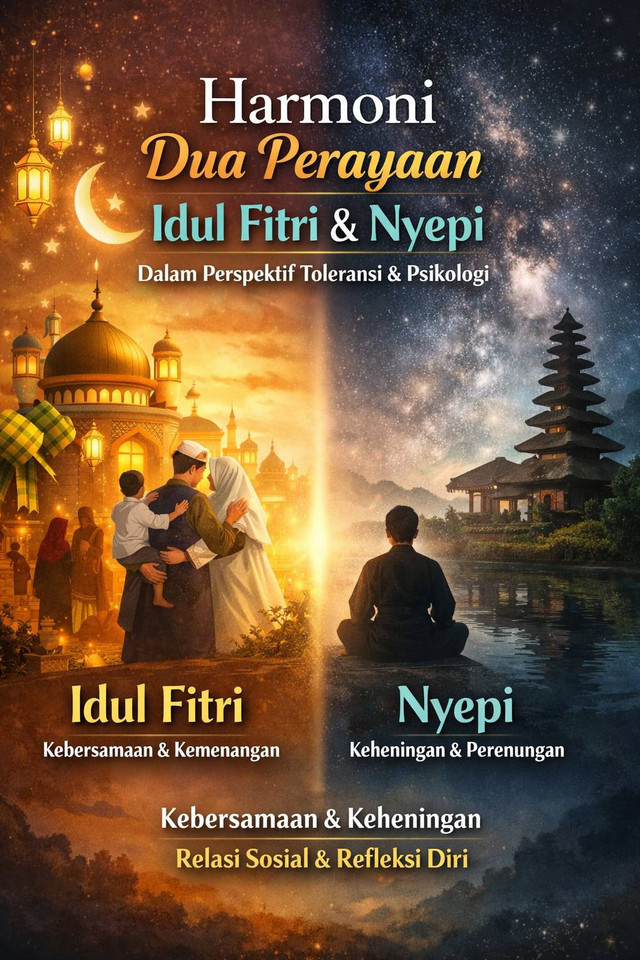 Menampilkan kebersamaan yang hangat di satu sisi dan keheningan reflektif di sisi lain sebagai simbol toleransi dan keseimbangan hidup. Gambar dihasilkan oleh AI Chatgpt