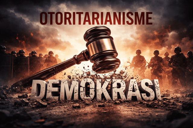 Ilustrasi Gavel menghancurkan demokrasi di tengah kekuatan otoritarian. (Sumber: ChatGPT)