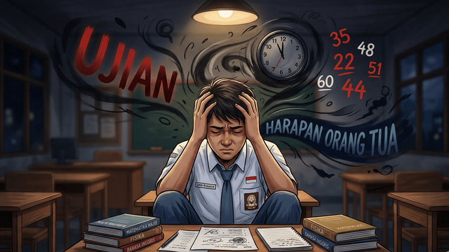 Ilustrasi seorang siswa remaja yang sedang overthinking (Sumber: Generated by AI)