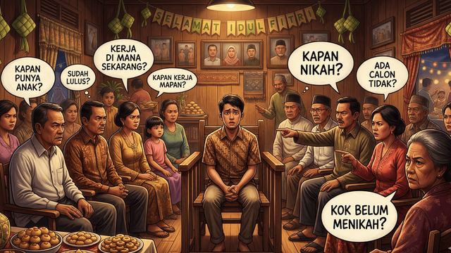 Ilustrasi lebaran di suatu rumah yang terasa seperti ruang hakim sosial (Sumber: Generated by AI)
