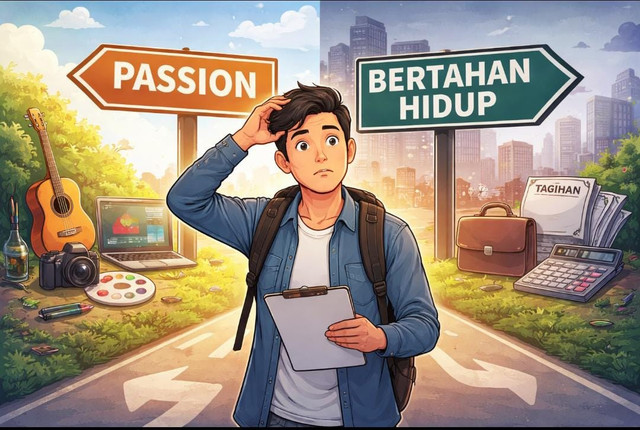 Ilustrasi ini menampilkan seorang pemuda yang berdiri di persimpangan jalan, tampak bingung memilih antara dua arah: “passion” dan “bertahan hidup”. Sisi kiri digambarkan penuh warna dengan simbol kreativitas seperti musik dan seni, sementara sisi kanan bernuansa lebih serius dengan simbol pekerjaan dan kebutuhan hidup, mencerminkan dilema antara impian dan realitas. Gambar ini dihasilkan oleh Gemini AI.