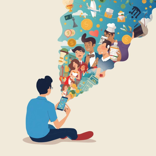 Ilustrasi individu yang membangun ekspektasi ideal melalui media sosial, yang tidak selalu mencerminkan realitas.