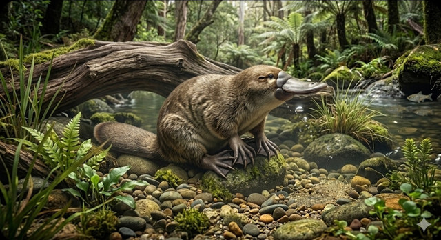 Gambar ilustrasi Platipus (Ornithorhynchus anatinus) (Sumber: AI)