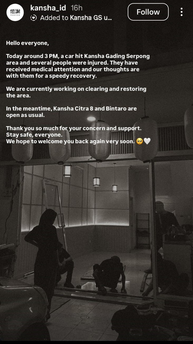 Restoran Jepang Kansha di Gading Serpong ditabrak mobil pada Kamis (19/3/2026). Foto: Instagram/@kansha_id