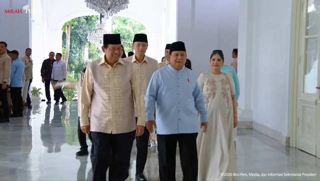 Presiden Prabowo Subianto menerima Presiden ke-6 RI, Susilo Bambang Yudhoyono, di Istana Negara, Jakarta, Sabtu (21/3). Foto: YouTube/ Sekretariat Presiden