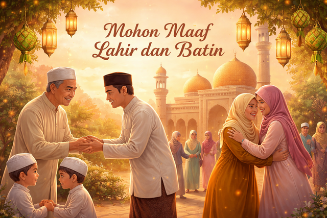 Lebaran tidak hanya tentang kemenangan pribadi. Ia juga tentang rekonsiliasi sosial yang lebih luas. Di tengah perubahan zaman, tradisi ini tetap penting. Foto: ChatGPT Image. 