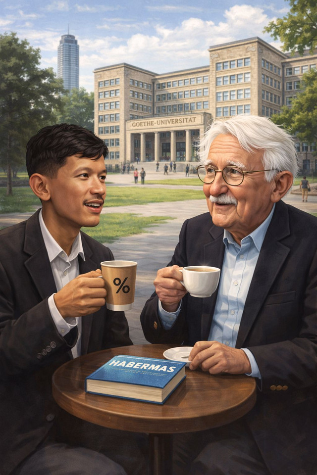 Gambar karikatur penulis dengan Habermas. Gambar ini adalah hasil editan Chat GPT. 