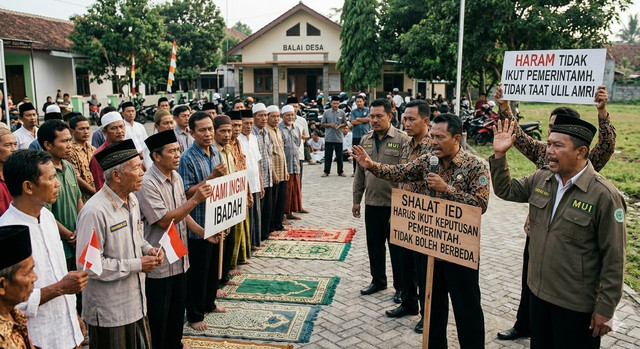 Visualisasi penolakan terhadap warga Muhammadiyah yang melaksanakan sholat Ied karena berbeda dengan ketetapan pemerintah (Sumber: AI Nano Banana). 