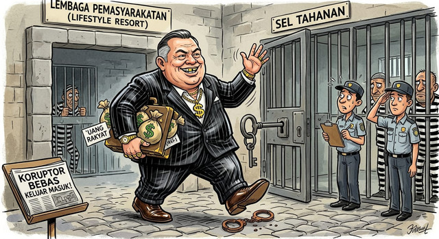 Visualisasi seorang koruptor yang bebas keluar masuk penjara (Sumber; Gemini AI). 