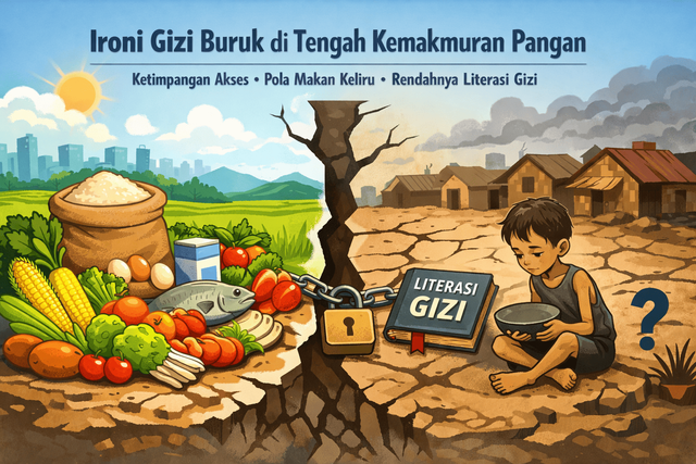 Kontras pangan melimpah dan anak kekurangan gizi—ironi sunyi yang mengancam masa depan. Gambar ini dihasilkan dari Gemini AI.