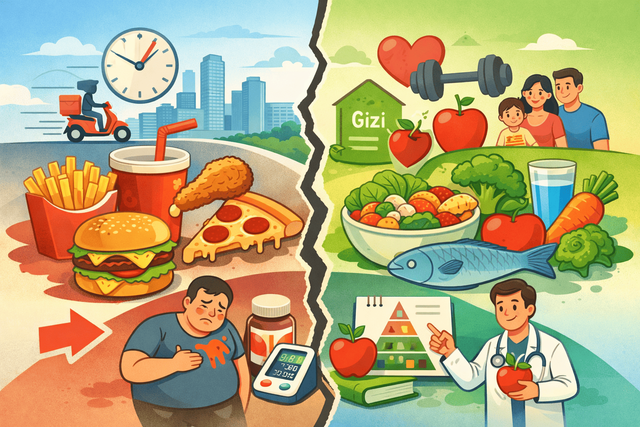 Kontras dua dunia: godaan makanan cepat saji dan pilihan hidup sehat yang menuntut kesadaran gizi. Gambar ini dihasilkan dari Gemini AI.
