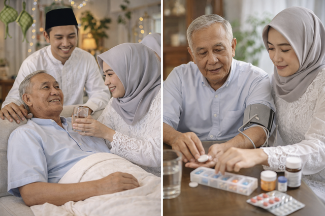 Keluarga membantu pasien kronis memantau kondisi kesehatan selama libur Lebaran. (Ilustrasi: AI)