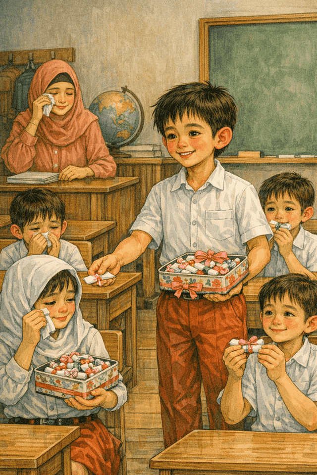 Rafi membagikan kertas berisi doa sebagai hadiah lebaran buat teman-teman sekelas. (Sumber: Copilot)