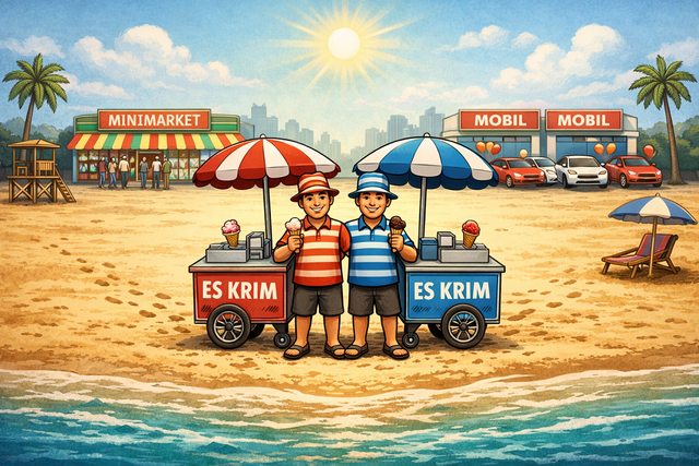 Ilustrasi persaingan bisnis, perusahaan berdekatan sebagai bentuk strategi rasional dalam merebut dan mempertahankan pasar. Gambar Ilustrasi Generated by AI