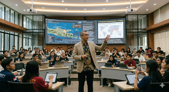 Visualisasi seorang dosen mengajar mata kuliah sejarah di hadapan mahasiswa Generasi Z. Foto: Gemini AI