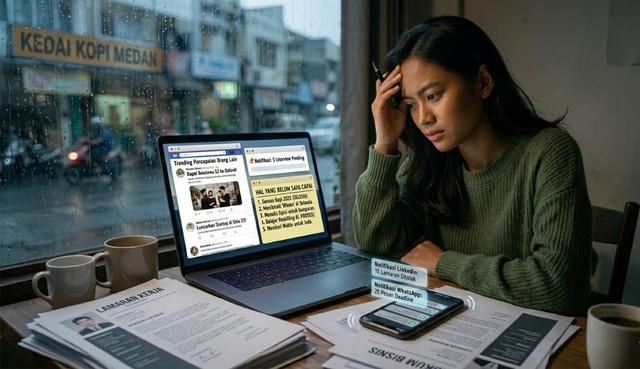 Ilustrasi seorang wanita yang mengalami stres berat akibat tekanan sosial, hustle culture, dan rasa gagal sebelum waktunya. Foto: Gemini AI