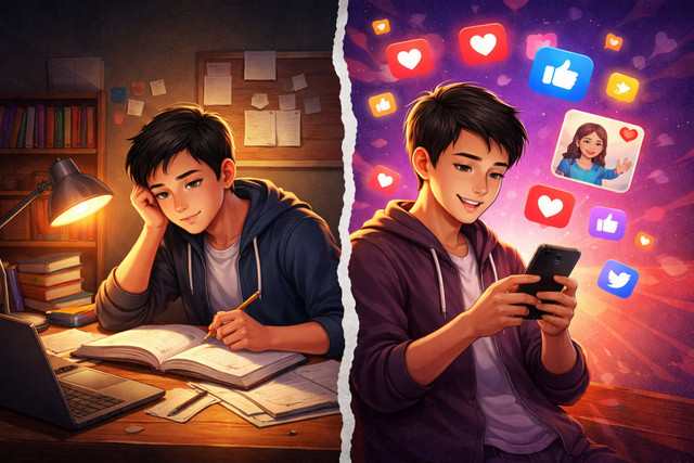Ilustrasi menunjukkan seorang remaja dalam memililih belajar dan media sosial yang menentukan masa depan remaja di era digital. Foto: Pixabay