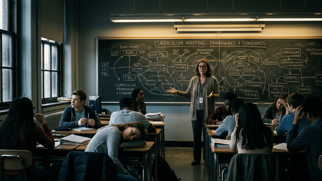 Ilustrasi suasana kelas dengan guru berdiri di depan papan penuh diagram kurikulum yang rumit, sementara murid terlihat bingung dan tidak fokus. Foto: Generated by AI