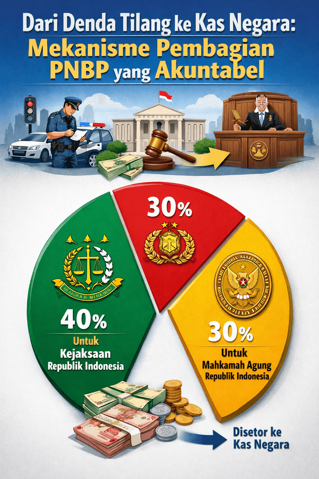 Persentase Pembagian PNBP kepada tiga institusi utama yaitu Kejaksaan Republik Indonesia, Kepolisian Negara Republik Indonesia, dan Mahkamah Agung Republik Indonesia. Foto: Dokumentasi pribadi